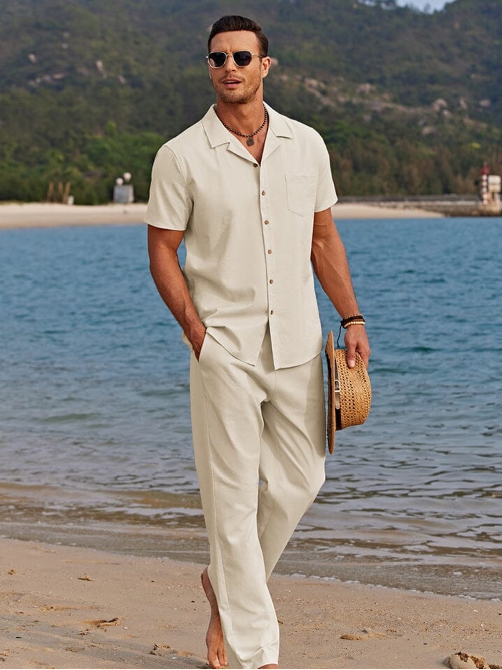 Camp collar shirt and trouser set in Cream